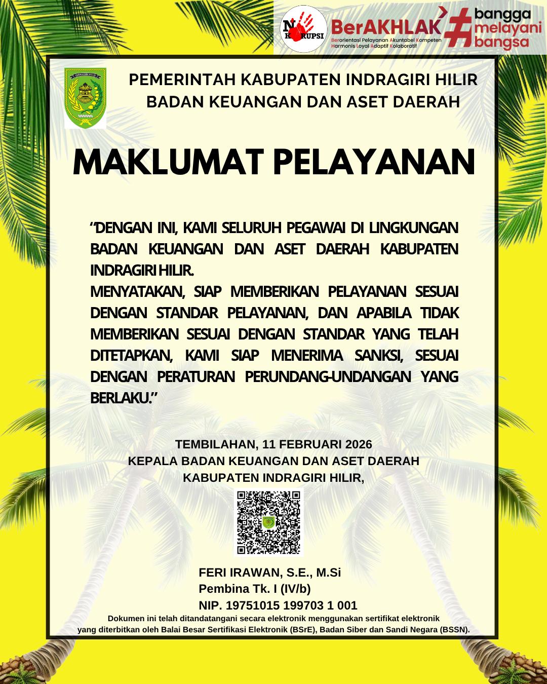 MAKLUMAT PELAYANAN Badan Keuangan dan Aset Daerah Kabupaten Indragiri Hilir